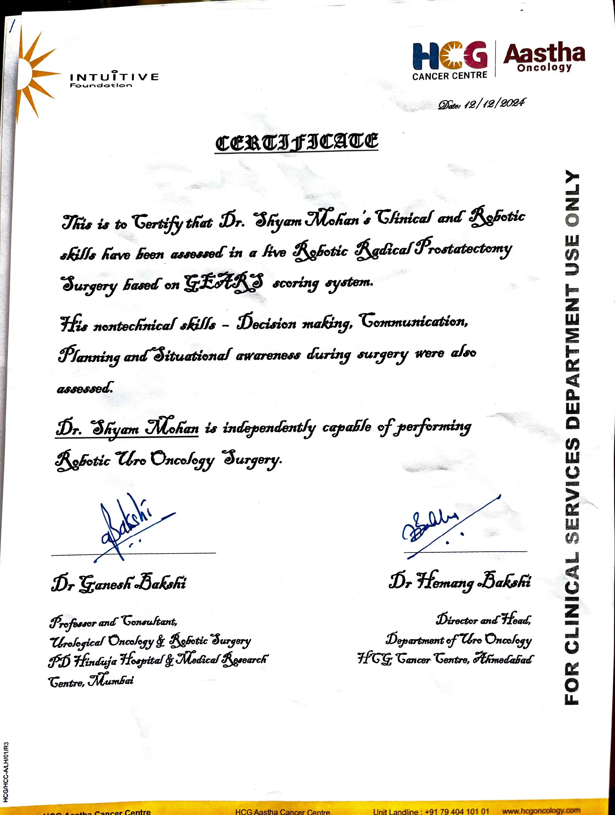 Dr. Shyam Mohan  Certificate